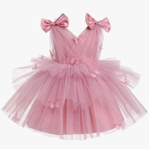 Pink Tulle Dress with Bows and Butterflies